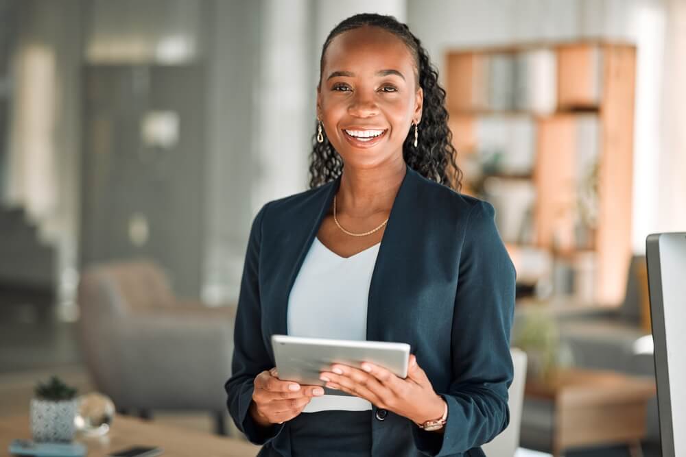 Portrait,,Lawyer,And,Black,Woman,With,Tablet,,Smile,And,Happy