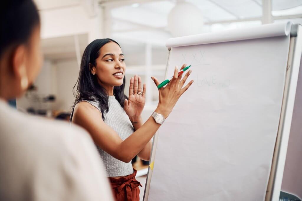 Woman,,Mentor,And,Whiteboard,In,Office,For,Training,,Teaching,And